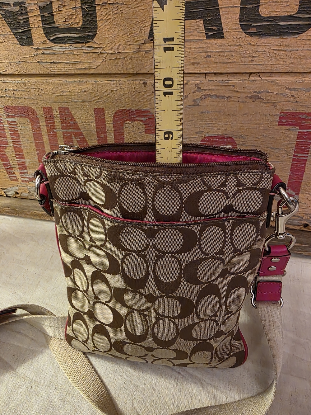 COACH Signature Canvas Crossbody Bag in Brown & Pink - Picture 7 of 10